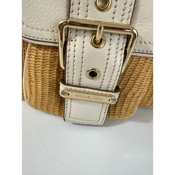 Michael Kors Straw Woven White Leather Shoulder Bag Gold Multiple Pockets - Picture 7 of 11